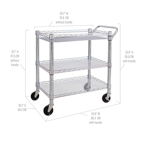 Seville Classics UltraDurable NSF Commercial Heavy Duty Metal Rolling Utility Cart, Handle Bar for Restaurant, Garage, Warehouse, Kitchen, Office, Deep Top Basket (34.8"W x 18.25"D)