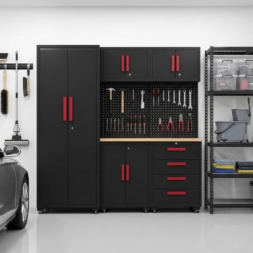 Tsnritor Garage Storage Cabinet System, 6-Pcs Garage Cabinets and Storage System Corner Workshop Set with Corner Cabinet, Cabinet Drawers, Workbench, Pegboard for Tool Organization, Black and Red