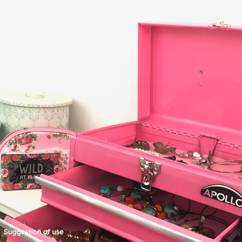 Apollo Tools 14 Inch Steel Tool Box with Deep Top Compartment and 2 Drawers in Heavy-Duty Steel With Ball Bearing Opening and Powder Coated Finish - Pink Ribbon - Pink - DT5010P