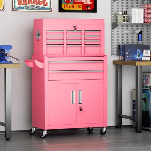 Crownland 8 Drawer Rolling Tool Chest with Wheels, Lockable 2 in 1 Detachable Tool Cabinet wit Drawers and Black Liners, Garage Top Toolbox and Bottom Storage Cart with Side Hooks,Pink