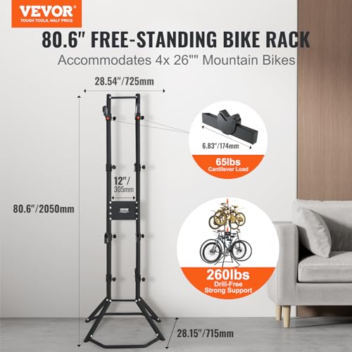 VEVOR 4 Bike Rack Garage Storage, Free Standing Gravity Wall Vertical Bike Stand, Sturdy Steel & Easy Assemble, for Road, MTB, and Hybrid Bicycles, Holds Up to 260 Lbs