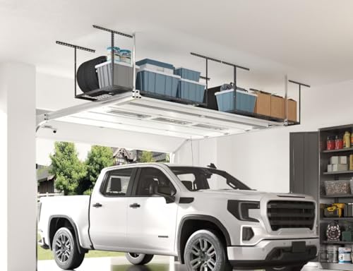 FLEXIMOUNTS Garage Storage Bundle – 2-Pack 2x4ft Wall Mounted Floating Shelves 24"x48"& 3x6ft Adjustable Overhead Ceiling Rack 72"x36"x40", 450lbs Capacity, Black