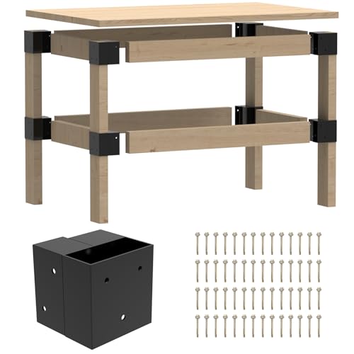 Neorexon Workbench Bracket Kit 8PCS, Heavy Duty 3-Way Brackets for Garage Workbench Legs Bracket, Metal DIY Workbench Kit for Shelving, Work Table, Fits 2x4(Actual 1.5"x3.5")Wood, Lumber Not Included
