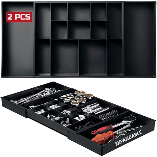 ONREVA Tool Box Organizer Tray Divider Set, Expandable Large Toolbox Storage Tray Kit, Rolling Tool Chest Drawer Bins, Hardware Screwdrivers Pliers Organization, 2pcs low profile Trays.