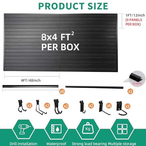 FRAYSCENT Slat Wall Paneling Garage Slat Wall Storage Systems Slatwall Panels Power Tool Organizer Wall Mount, PVC Garage Storage & Organization Products Slate Board (Black, 4ft x 8ft with 15 Hooks)