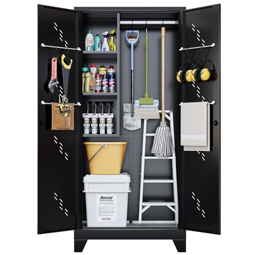 ZONLESON Metal Storage Cabinet, 75" Tall Garage Storage, Utility Cabinet for Brooms and Mops, Metal Locker with Hanging Rod for Garage, Home, Office, Laundry Room, School, Gym, Warehouses, Black