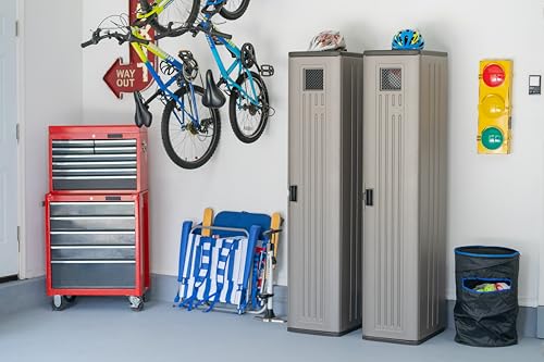 Suncast Tall Storage Locker for Garage Organization - 72" Lockable Organizer with Shelving for Garden Supplies, Paint Cans & Outdoor Tools, Multi-Wall Resin Construction, Platinum