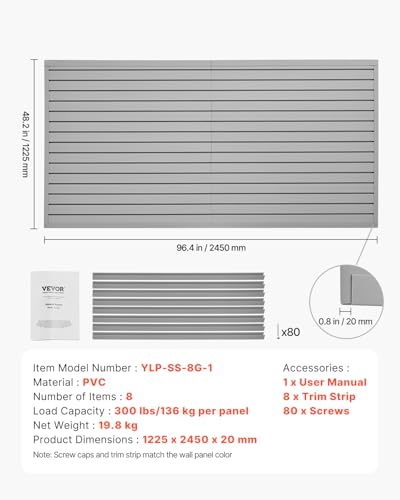VEVOR Slat Wall Paneling, 8 x 4 ft, PVC Garage Slatwall without Accessories, Grey Slat Wall Easy-to-Install Adjustable Slatwall Panel with Coupling Structure & DIY Cutting, Fits for Storage & Display