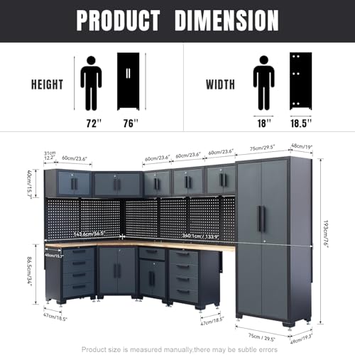 HPDMC 15-Piece Corner Garage Storage Cabinet System - Heavy Duty Workshop Set w/Corner Cabinet Includes Workbench, Pegboard & Lockable Drawers | Metal Tool Organization System for Garage/Workshop