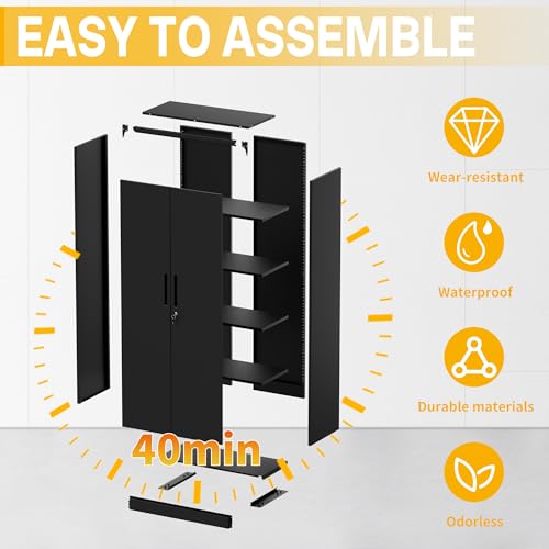 Reegangfa Metal Storage Cabinet with 2 Doors and 4 Adjustable Shelves, 71" Garage Storage Cabinet with Anti-Tipping Design, Lockable Garage Cabinets for Office, Home, Garage, Gym, School