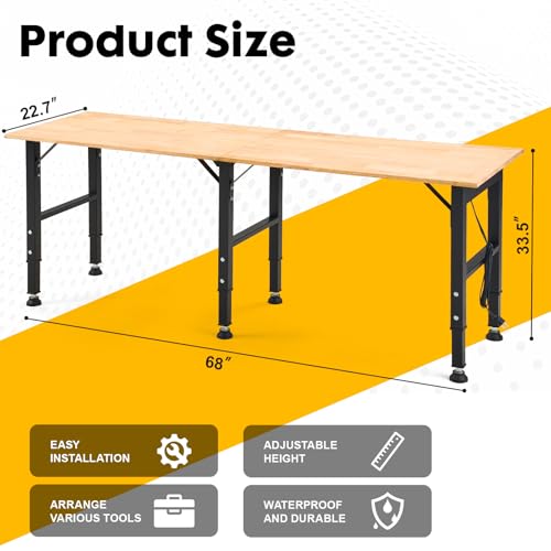 OLBRUS 68 "Adjustable Workbench with Power Outlet - Work Bench Table Heavy Duty 1500 LBS Load Capacity, Hardwood Work Table for Garage, Workshop, Office, Home