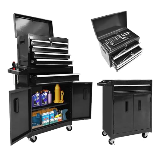 Torin 5-Drawer Rolling Tool Chest: Metal Tool Box with Wheels, Removable Top Tool Box, Liner, Adjustable Shelf and Locking Mechanism for Garage Workshop,Black