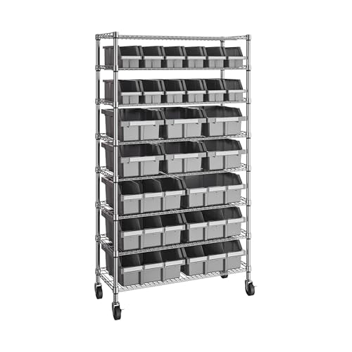Seville Classics Heavy Duty NSF Bin Rack Solid Steel Wire Shelving Storage Unit, Patented Organizer for Garage, Warehouse, Office, Restaurant, Classroom, Kitchen, Gray, 8-Tier Includes 24 Bins