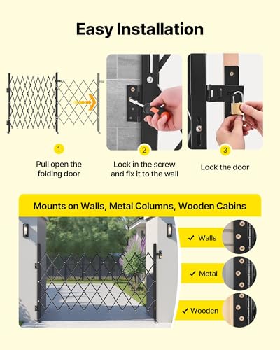 VEVOR Single Folding Security Gate, Lockable Scissor Gate with 360° Swivel Casters, Outdoor Barricade Steel Retractable Gates, for Entry Security, Garage, Warehouse & Pool, 74.80 x 51.57 in (W x H)