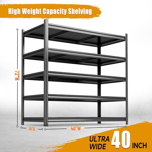 72''H × 40''W Garage Shelving, 5 Tier Heavy Duty Shelving, 2500 lbs Capacity Garage Storage Shelves, Industrial Shelves with Thickened Double-Layer Posts for Garage, Warehouse, Basement,Black