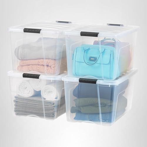 IRIS USA 4-Pack Storage Bins with Lids, 13 Quart, Made in USA Stackable See-Through Organizing Solution Latches Durable Nestable Containers Secure Pull Handle, BPA-Free Plastic