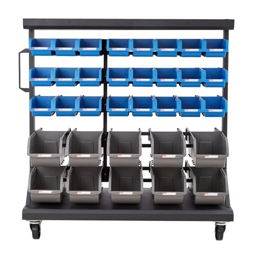 VEVOR 5-Tier Double-Sided Rolling Bin Storage Rack, 68 Plastic Bins, Dual-Sided Parts Organizer with Wheels, Mobile Tool Organizer for Garage, Warehouse, Office, Restaurant, Classroom, Kitchen