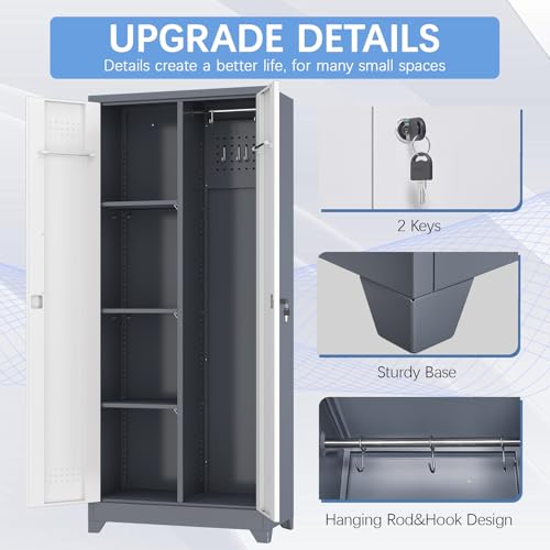 IRONFFICE Metal Garage Storage Cabinets,Broom Closet Storage Cabinet with Doors and Shelves,Tall Utility Closet Cabinet with Pegboard,Laundry Cabinet for Garage,Warehouse,Home,Basement,Grey-White
