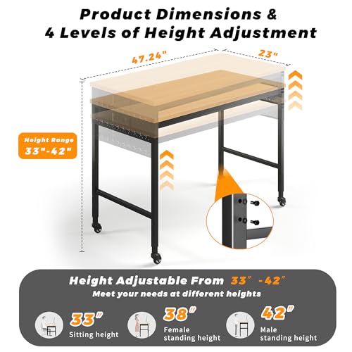 48" Work Bench Adjustable Height Workbench with Power Outlet & Pegboard Heavy Duty Table 2200 LBS Load Capacity Rolling Work Benches for Garage,Workshop,Office,Home