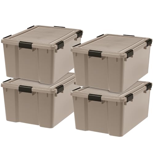 IRIS USA 4-Pack WeatherPro Gasket Box, 63 Quart Weather Resistant Storage Bins with Latching Lids, Heavy Duty Organizing Containers for Closet, Bathroom, and Office - Tan