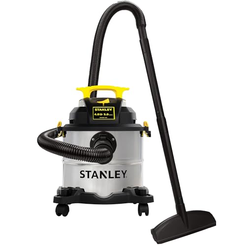 STANLEY Wet/Dry Vacuum SL18115, Stainless Steel Tank, 5 Gallon 4HP Shop Vacuum, Portable Style Ideal for Home/Shop/Jobsite Dust Collection Job with Vacuum Attachments, Silver+Yellow