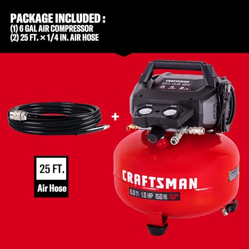 CRAFTSMAN 6 Gallon Portable Pancake Air Compressor, Oil-Free, Max 150 PSI, 1 HP, 2.6 SCFM @ 90 PSI, with 25 ft Air Hose and 2 Quick Couplers, Model CMXECXA0210641C