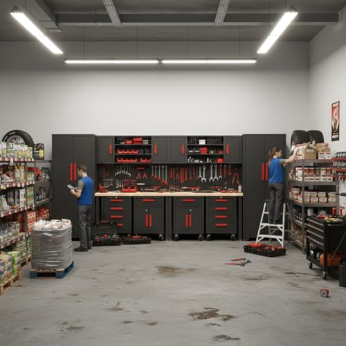 Tsnritor Garage Storage Cabinet System, 12PCS Garage Cabinets and Storage System Kit Workshop Set with Steel Cabinet, Cabinet Drawers, Workbench, Red Handle