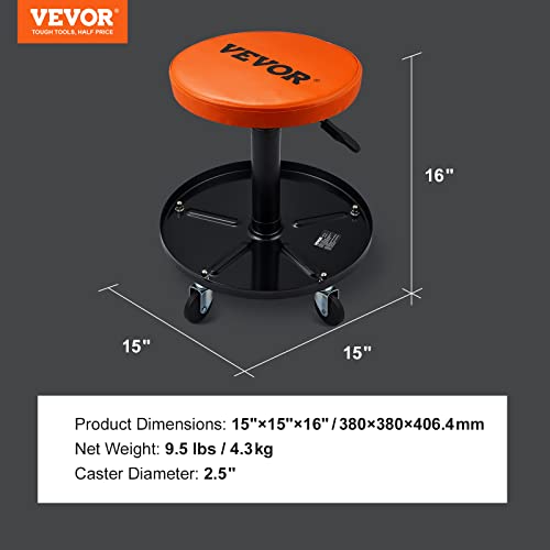 VEVOR Mechanic Stool, 250 LBS Rolling Pneumatic Creeper Garage/Shop Seat, Adjustable Height 16-22 inch in Padded Rolling Workshop Stool with Tool Tray, for Garage, Shop, Auto Repair, Black+Orange