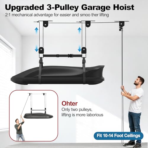 TooTaci Cargo Box Pulley System for Garage, Heavy Duty Ceiling Storage Lift with 3 Metal Pulley Hold Up to 150lbs, Garage Hoist System for Kayak, Roof Box, Ladders, Easy Lift, Fit 10-14 Foot Ceilings