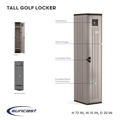 Suncast Garage and Golf Storage Organizer – Golf Rack and Bag Storage, Hall Tree with Shoe Cubby, Heavy-Duty Resin Locker Cabinet with Adjustable Shelves, Lockable, for Golf Equipment, Made in the USA