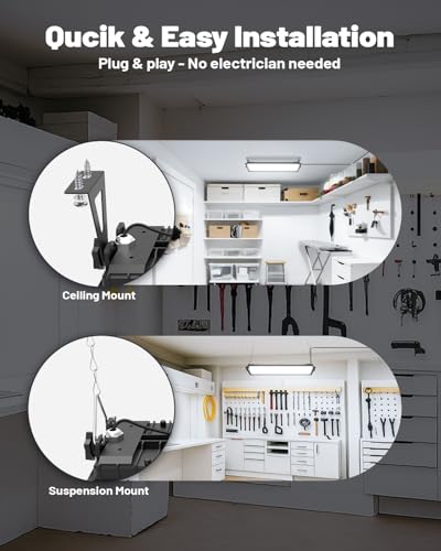 AGranTOP 2 Pack Linkable LED Shop Lights, 100W 15000LM 6000K Plug in Garage Light, 9.84ft Cord Built-in Outlet for Garage Workshop Warehouse Utility Room