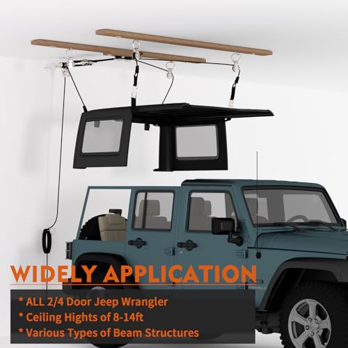 ALLCOS Hard Top Removal Lift for Jeep Wrangler JL JK Models and Ford Bronco, 12ft Hardtop Overhead Garage Storage Hoist with Anti-Drop System, Supports 8-16 ft. Ceiling