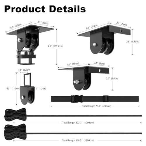 TooTaci Cargo Box Pulley System for Garage, Heavy Duty Ceiling Storage Lift with 3 Metal Pulley Hold Up to 150lbs, Garage Hoist System for Kayak, Roof Box, Ladders, Easy Lift, Fit 10-14 Foot Ceilings