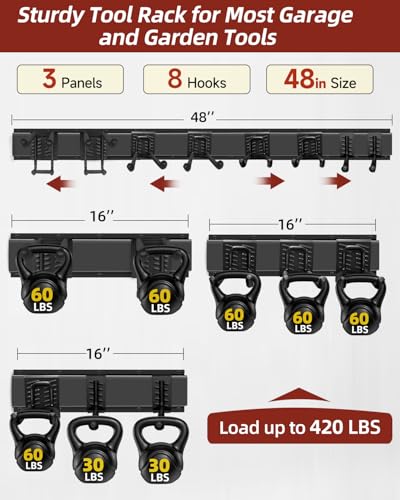 LRYXEG 48-Inch Garage Storage Tool Organizer with 8 Hooks - Heavy Duty Metal Rack for Garage Organization, Garden Tool Organizer - Wall Mounted Tool Hanger for Shovels, Ladders, Lawn Tools