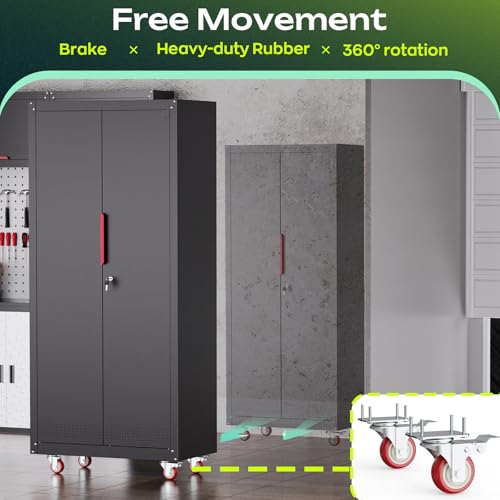 Kelueo 71" H Garage Storage Cabinet with Wheels,Metal Cabinets with 4 Adjustable Shelves and 2 Locking Doors for Garage,Home,Office,Shop,Black