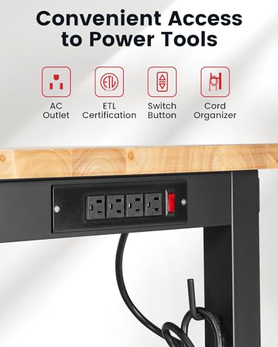 ENJOYWOOD 60" Adjustable Workbench, 1.2" Rubber Wood Top Heavy Duty Workstation, 2500 LBS Load Capacity Hardwood Work Table with Power Outlets & Pegboard, for Garage, Workshop & Home