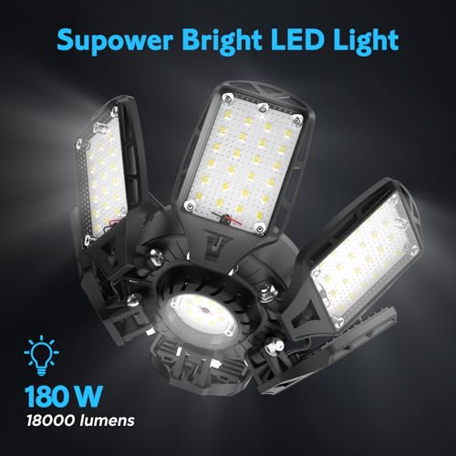 SYDHTF LED Garage Lights 2 Pack, 18000LM 180W Deformable Shop Light with 6+1 Adjustable Panels, 6500K Daylight White Ceiling Light for E26 Base, Ideal for Garage/Basement/Barn