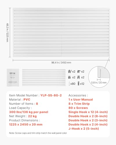 VEVOR Slat Wall Paneling, 8 x 4 ft, PVC Garage Slatwall with Accessories, White Slat Wall Easy-to-Install Adjustable Slatwall Panel with Coupling Structure & DIY Cutting, Fits for Storage & Display