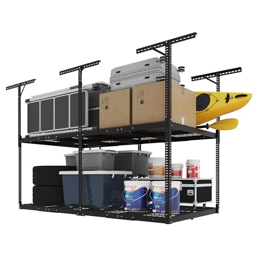 FLEXIMOUNTS 4x8 2-Tier Overhead Garage Storage Rack – Adjustable Heavy Duty Metal Garage Ceiling Storage Racks, 1000 lbs Capacity – Garages Organization System for 9–15 ft Tall Garages, Black