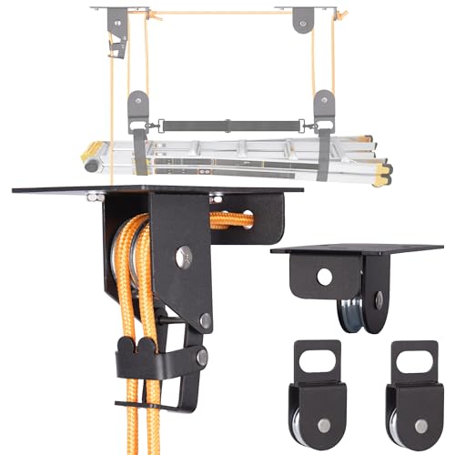 RoakyRoasy Ladder Hoist for Garage Ceiling with Metal Pulley System Holds 150 lbs, 5.5" Low-profile Self Locking Storage Lift, Parallel or Perpendicular Mounted