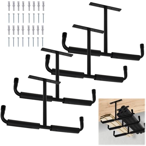 Tlence 4 Pack Overhead Garage Storage Hooks, 16.5" Heavy Duty Ceiling Mount Hangers, Double T-Bar Metal Ladder Ceiling Racks, Hanging for Bike, Pipe Lumber, Fishing Rod, Sports Equipment