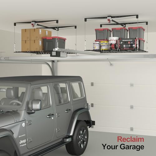 Overhead Garage Storage Rack for 12–14 FT Ceiling, Heavy-duty 4x4 FT Ceiling Storage Racks with Safety Lock, Ideal for Garage Storage Mounted Lift System and Storage Organizer, 250lbs Capacity