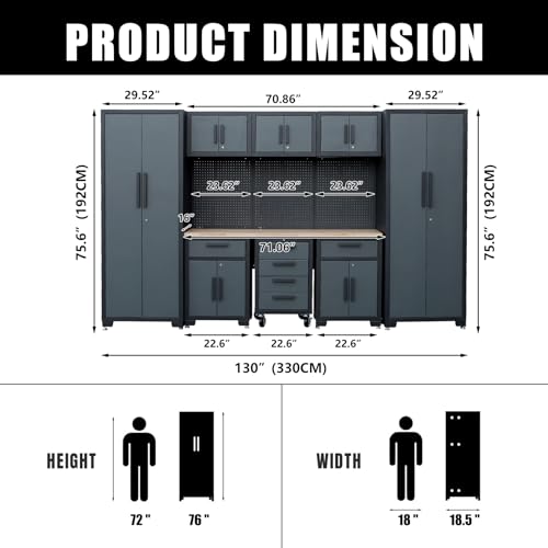 Tsnritor Garage Storage Cabinet System, 9-Pcs Garage Cabinets and Storage System Corner Workshop Set with Corner Cabinet, Cabinet Drawers, Workbench, Pegboard for Tool Organization, Black and Grey