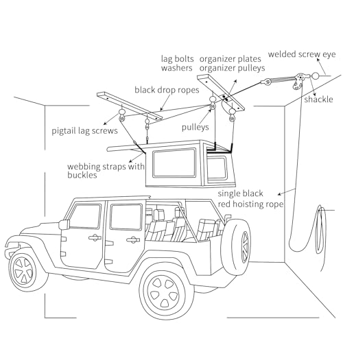 ALLCOS Hard Top Removal Lift for Jeep Wrangler JL JK Models and Ford Bronco, 12ft Hardtop Overhead Garage Storage Hoist with Anti-Drop System, Supports 8-16 ft. Ceiling