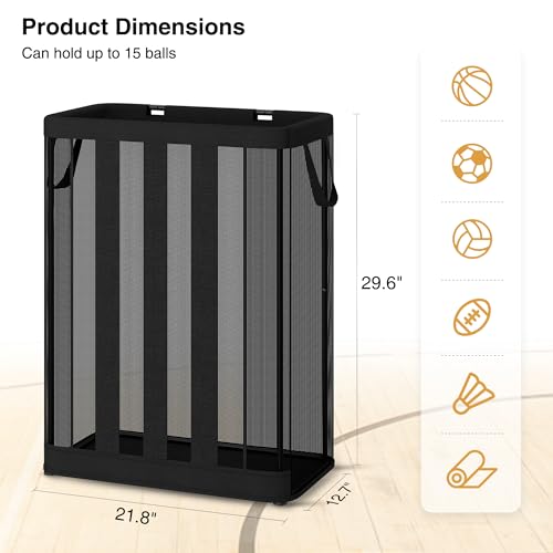 STO STO Ball Storage Basket, Wall-Mounted or Freestanding Garage Ball Organizer Holder, Holds up to 15 Balls, Sports Equipment Organizer with Elastic Front Access for Garage, Gym, Playroom, Black