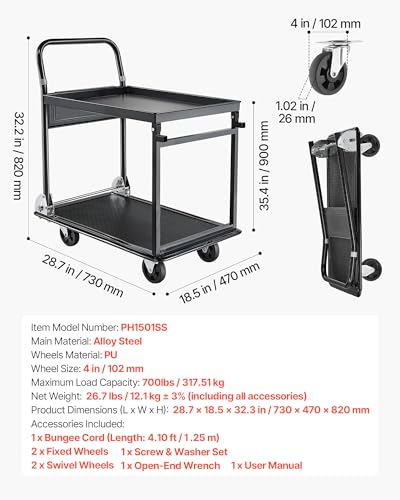 VEVOR Heavy Duty 2 Tier Platform Hand Truck, 700 lbs 2 Tier Push Tool Cart with High-Strength Steel, Utility Cart for Warehouse, Garage, Workshop, Office