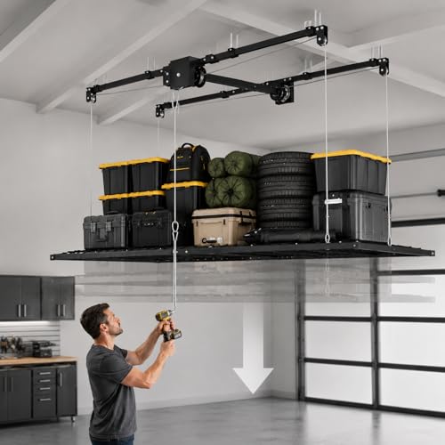 Overhead Garage Storage Rack 5x9 FT, Pull Down Garage Ceiling Storage Lift System with Drill-Operated Crank, Heavy Duty Ceiling Mounted Organizer with Safety Lock, 400 LBS Capacity