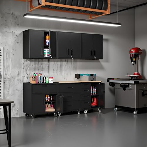 EKJ Garage Storage Cabinet System 6pcs Heavy Duty Workshop Set Wall Cabinet Lockable Rolling Tool Cabinets with Adjustable Shelves Metal Garage Storage Cabinets