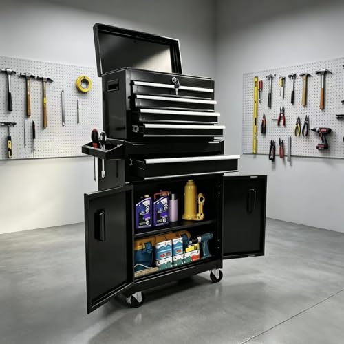 BIG RED 5-Drawer Rolling Tool Chest: Metal Tool Box with Wheels, Removable Top Tool Box, Liner, Adjustable Shelf and Locking Mechanism for Garage Workshop,Black