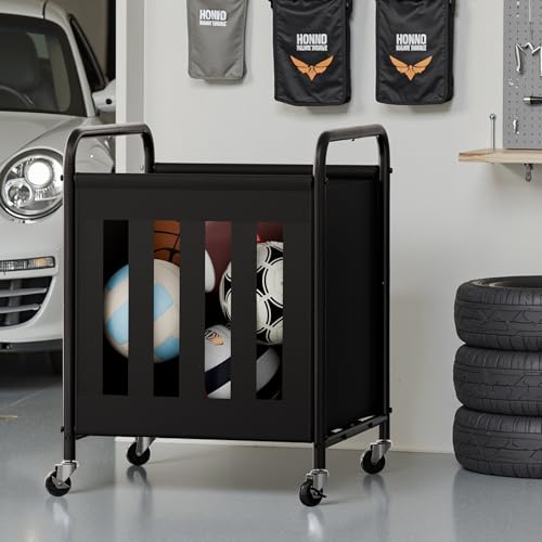 StorageWorks 180L Ball Storage with Wheels, Ball Cart for Garage, Garage Sports Equipment Organizer with Hooks, Balls Organizer for Basketball, Football, Volleyball